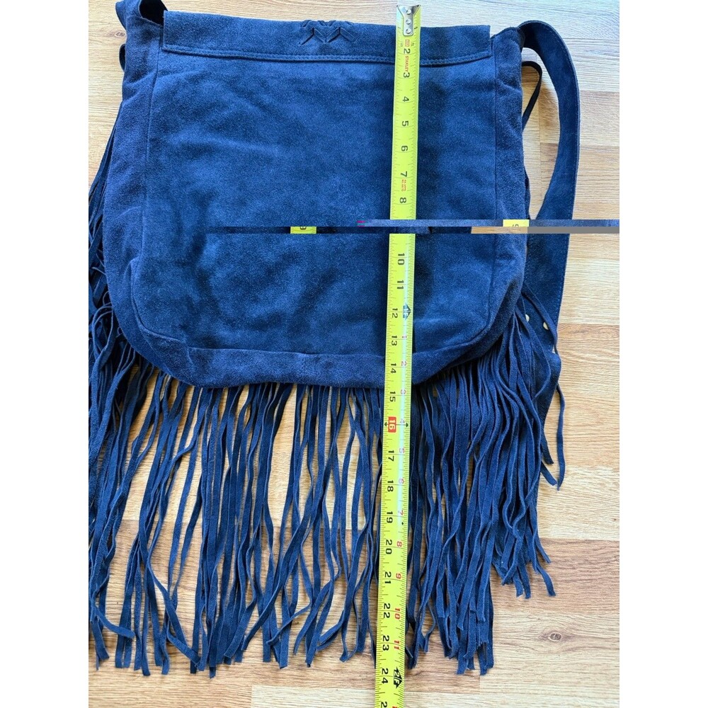 RAJ Anthropologie Genuine Leather Suede Fringe Crossbody Bag Navy Blue Boho - Picture 9 of 9